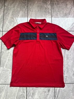 Travis Mathew Men’s Red Striped Golf Embroidered Short Sleeve Logo Polo Shirt L